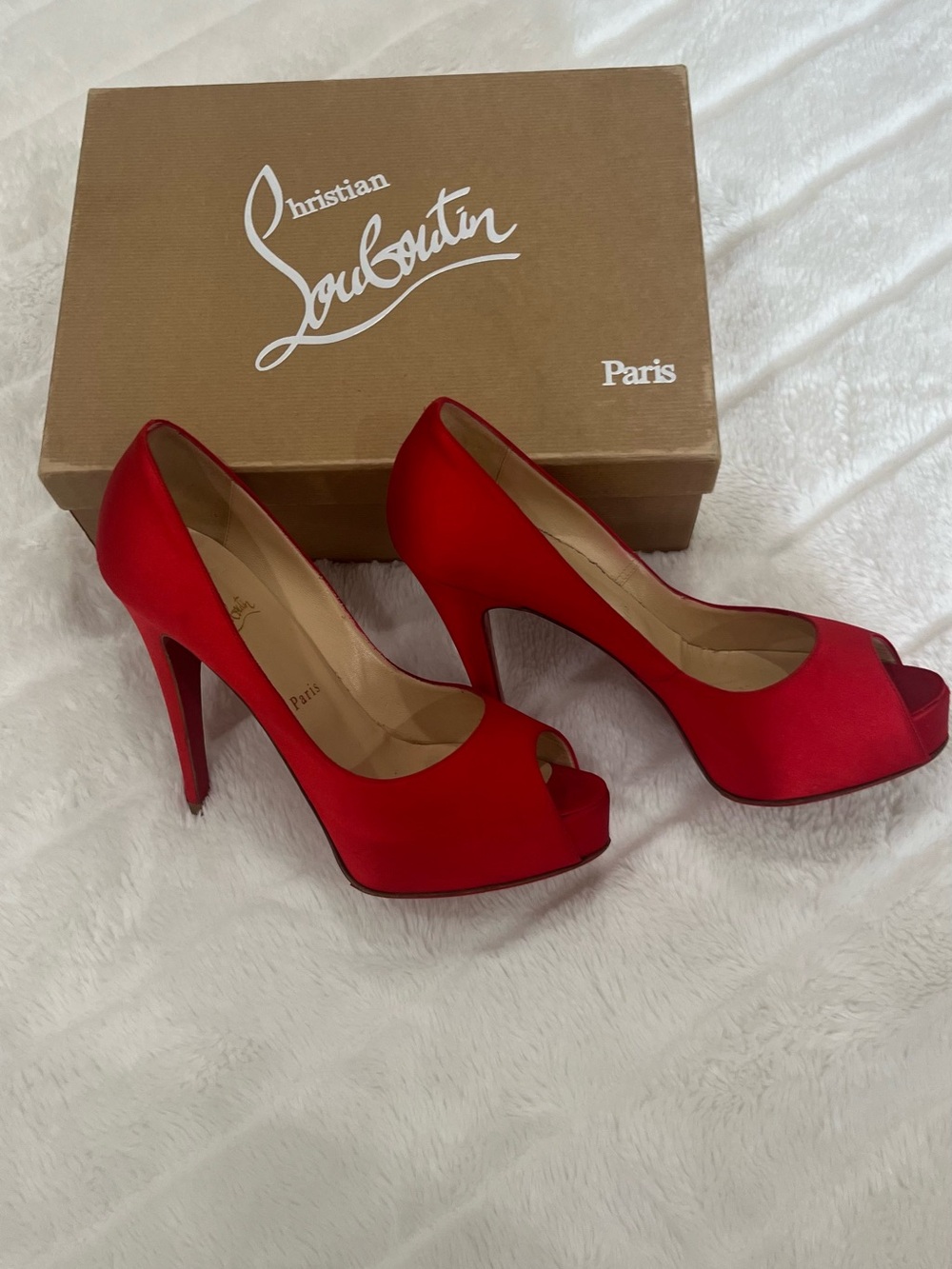 Christian Louboutin Red Satin Peep-Toe Pumps - Iconic High Heels